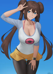 Rule 34 | 1girl, absurdres, bad id, bad pixiv id, black pantyhose, blue background, blue eyes, blue sleeves, blush, breasts, brown hair, cleavage, collarbone, creatures (company), double bun, game freak, grin, hair bun, highres, large breasts, long hair, long sleeves, looking at viewer, nintendo, pantyhose, pantyhose under shorts, pokemon, pokemon bw2, raglan sleeves, revision, rosa (pokemon), shirt, short shorts, shorts, sidelocks, simple background, smile, solo, thighs, twintails, v, white shirt, yellow shorts, zaphn