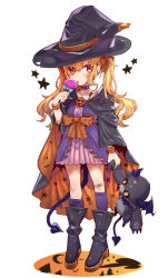Rule 34 | 1girl, :p, bandaid, bandaid on knee, bandaid on leg, black cloak, black footwear, black hat, blonde hair, boots, bow, candy, choker, cloak, commentary request, demon tail, dress, food, full body, hair bow, halloween, halloween costume, hat, holding, holding candy, holding food, holding lollipop, holding stuffed toy, jack-o&#039;-lantern ornament, lollipop, long hair, looking at viewer, nijisanji, orange bow, orange cloak, print cloak, purple choker, purple dress, purple socks, red eyes, short dress, simple background, socks, solo, spaghetti strap, standing, star (symbol), stuffed toy, tail, tajima ryuushi, takamiya rion, tongue, tongue out, twintails, two-sided cloak, two-sided fabric, virtual youtuber, white background, witch hat, wristband
