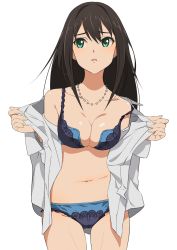 Rule 34 | 1girl, :o, absurdres, bare shoulders, black hair, blush, bra, breasts, cleavage, collarbone, cowboy shot, earrings, fukushi ryouhei, green eyes, groin, highres, idolmaster, idolmaster cinderella girls, jewelry, long hair, looking away, looking to the side, medium breasts, navel, necklace, off shoulder, open clothes, open mouth, open shirt, panties, pearl necklace, purple bra, purple panties, shibuya rin, shirt, simple background, solo, standing, stomach, strap slip, stud earrings, underwear, undressing, white background, white shirt