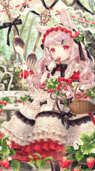 Rule 34 | 1girl, absurdres, animal ears, basket, black ribbon, clenched hand, commentary, curly hair, dress, english commentary, food, fork, frilled dress, frilled gloves, frills, fruit, gloves, grey hair, hair ornament, hairband, hairpin, highres, holding, holding basket, key, lace, layered dress, lolita fashion, lolita hairband, looking at viewer, neck ribbon, original, oversized object, petticoat, pocket watch, rabbit, rabbit ears, red eyes, red ribbon, revision, ribbon, short sleeves, sidelocks, solo, spoon, strawberry, swept bangs, watch, white dress, white gloves, x hair ornament, yumeichigo alice