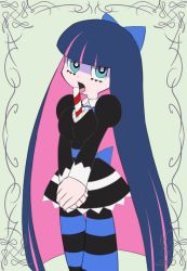 Rule 34 | 10s, 1girl, aqua eyes, bad id, bad pixiv id, between breasts, bow, breasts, candy, candy cane, colored inner hair, female focus, flat color, food, jadf, licking, long hair, multicolored hair, panty &amp; stocking with garterbelt, socks, solo, stocking (psg), striped clothes, striped socks, striped thighhighs, thighhighs, two-tone hair, very long hair