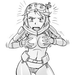 Rule 34 | animification, armor, bikini, breasts, covering privates, covering breasts, embarrassed, gloves, grabbing, grabbing another&#039;s breast, grabbing own breast, greyscale, hmage, large breasts, lowres, monochrome, pilot, sketch, solo, swimsuit, tara (hmage), titanfall, titanfall (series), topless, transparent background