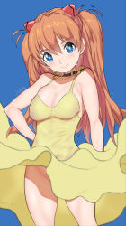 Rule 34 | 1girl, black choker, blue background, blue eyes, blush, breasts, choker, cleavage, dress, feet out of frame, hand on own hip, jipin, looking at viewer, medium breasts, naked dress, neon genesis evangelion, no bra, no panties, shadow, simple background, sleeveless, sleeveless dress, smile, solo, souryuu asuka langley, sundress, yellow dress