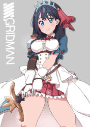 Rule 34 | 1girl, arigiep, ascot, bad id, bad pixiv id, black hair, blue eyes, blue sleeves, blush, breasts, copyright name, cosplay, dress, gloves, gradient background, gridman universe, hair ornament, highres, holding, holding sword, holding weapon, long hair, looking at viewer, medium breasts, miniskirt, pecorine, pecorine (cosplay), pecorine (princess connect!), pleated skirt, princess connect!, puffy short sleeves, puffy sleeves, red ascot, red skirt, short sleeves, shrug (clothing), skirt, smile, solo, ssss.gridman, sword, takarada rikka, thighs, tiara, underbust, weapon, white dress, white gloves