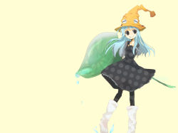 Rule 34 | 00s, 1girl, beige background, black dress, blue hair, blush, dress, eruka frog, hat, head tilt, long sleeves, looking at viewer, pantyhose, red eyes, sidelocks, simple background, solo, soul eater, tassel, witch hat, yellow background