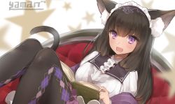 Rule 34 | 1girl, animal ears, argyle, argyle clothes, argyle legwear, artist name, black hair, black pantyhose, blurry, book, cat ears, cat girl, cat tail, chair, depth of field, dutch angle, frilled shirt, frilled thighhighs, frills, hair between eyes, long hair, long sleeves, looking at viewer, maid headdress, open book, original, pantyhose, purple eyes, shirt, solo, star (symbol), starry background, tail, thick eyebrows, thighhighs, yaman (yamanta lov)
