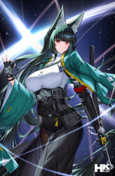 1girl absurdres animal_ear_fluff animal_ears black_gloves black_hair black_necktie black_skirt blunt_bangs breasts closed_mouth cowboy_shot dress_shirt fingerless_gloves fox_ears fox_girl gauntlets glasses gloves green_jacket high-waist_skirt highres hk419 holding holding_sword holding_weapon hoshimi_miyabi jacket large_breasts light_smile long_hair necktie red_eyes shirt sidelocks single_fingerless_glove skirt solo sword weapon white_shirt zenless_zone_zero