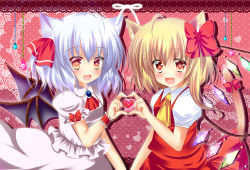 Rule 34 | 2girls, animal ears, ascot, bad id, bad pixiv id, bat wings, blonde hair, blue hair, blush, bow, cat ears, cat tail, dress, fang, flandre scarlet, hair bow, hair ribbon, heart, heart-shaped pupils, heart hands, heart hands duo, kemonomimi mode, looking at viewer, multiple girls, no headwear, no headwear, open mouth, pink dress, pink eyes, puffy sleeves, red dress, remilia scarlet, revision, ribbon, rika-tan (rikatantan), shirt, short sleeves, side ponytail, silver hair, smile, symbol-shaped pupils, tail, tail ornament, tail ribbon, touhou, wings