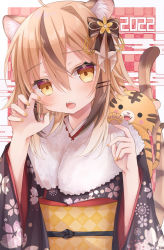 Rule 34 | 1girl, 2022, ahoge, animal, animal ear fluff, animal ears, animal on shoulder, argyle, argyle background, argyle clothes, black bow, black kimono, blush, bow, brown eyes, brown flower, brown hair, brown nails, checkered background, chinese zodiac, claw pose, commentary request, egasumi, floral print, flower, fur collar, hair between eyes, hair bow, hair flower, hair ornament, hairclip, hands up, highres, japanese clothes, kimono, multicolored hair, nail polish, obi, open mouth, original, print kimono, ringouulu, sash, solo, streaked hair, tail, tiger, tiger ears, tiger girl, tiger tail, year of the tiger