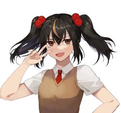 Rule 34 | 1girl, :d, black hair, blush, brown eyes, brown vest, collared shirt, fang, gg dal, hair bobbles, hair ornament, looking at viewer, medium hair, necktie, open mouth, original, red necktie, school uniform, shirt, short sleeves, simple background, smile, smug, solo, twintails, v, v over eye, vest, white background, white shirt, wing collar
