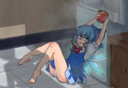 Rule 34 | 1girl, arms up, bad id, bad pixiv id, barefoot, blue eyes, blue hair, cirno, dress, food, haagen-dazs, highres, ice, ice cream, ice wings, kitchen, knees together feet apart, lord of void, matching hair/eyes, panties, refrigerator, shadow, silhouette, sitting, solo, touhou, underwear, wings