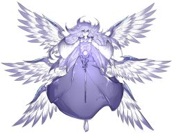 Rule 34 | 1girl, angel, angel wings, bad id, bad pixiv id, barefoot, blue dress, blue eyes, blue hair, blue theme, dress, female focus, full body, highres, kankan33333, layered dress, long hair, long sleeves, looking at viewer, matching hair/eyes, monochrome, multiple wings, outstretched arms, pale skin, sariel (touhou), seraph, simple background, sleeveless, sleeveless dress, smile, solo, toes, touhou, touhou (pc-98), very long hair, white background, white dress, wide sleeves, wings