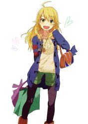 Rule 34 | 1girl, :d, ahoge, bad id, bad pixiv id, bag, black pantyhose, blonde hair, collar, fur collar, green eyes, hoshii miki, idolmaster, idolmaster (classic), jacket, jewelry, long hair, looking at viewer, necklace, open mouth, pantyhose, shorts, smile, solo, tanaka (colorcorn)