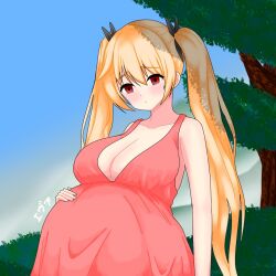 Rule 34 | 1girl, alternate costume, azur lane, bare arms, bare shoulders, big belly, blush, bush, dress, head tilt, highres, k eva277, long hair, looking at viewer, nelson (azur lane), pregnant, red dress, red hair, solo, tree, twintails, very long hair