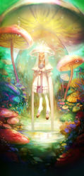Rule 34 | 1girl, aimeeee17, closed mouth, commentary request, coral, dress, dripping, floating, forest, grass, halter dress, halterneck, hat, highres, hooves, lake, looking at viewer, monster girl, mushroom, nature, orb, pixiv fantasia, pixiv fantasia new world, puffy short sleeves, puffy sleeves, satyr, short sleeves, smile, solo, tassel, veil, water drop, white dress, white hair, white hat