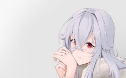 Rule 34 | 1girl, azur lane, closed mouth, fur, graf zeppelin (azur lane), grey background, hair between eyes, hand on own head, holding hands, long hair, looking at viewer, motirimoti, red eyes, silver hair, solo focus