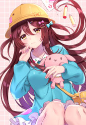 Rule 34 | 1girl, blue bow, blue dress, blush, bow, breasts, brown hair, child&#039;s drawing, collared dress, crayon, dress, frilled dress, frills, grid background, hair between eyes, hair bow, hair ornament, hairclip, hat, hat bow, holding, idolmaster, idolmaster shiny colors, kindergarten uniform, knees up, long hair, long sleeves, looking at viewer, medium breasts, osaki tenka, paper, pink bow, school hat, solo, stuffed animal, stuffed rabbit, stuffed toy, tears, two side up, usano, yellow eyes, yellow hat