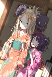 Rule 34 | 2girls, abigail williams (fate), animal, black bow, blonde hair, blue eyes, blurry, blurry background, blush, bow, braid, closed mouth, commentary request, depth of field, dutch angle, fate/grand order, fate (series), floral print, forehead, hair bow, hair ornament, indoors, japanese clothes, katsushika hokusai (fate), kimono, long hair, long sleeves, multiple girls, obi, octopus, open mouth, orange bow, parted bangs, print kimono, purple eyes, purple hair, purple kimono, red kimono, sahara386, sash, sidelocks, sleeves past wrists, wide sleeves, yukata