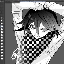 Rule 34 | 1boy, arms behind head, arms up, art program in frame, bishounen, black hair, buttons, checkered clothes, checkered scarf, danganronpa (series), danganronpa v3: killing harmony, eyelashes, flipped hair, grey background, hair between eyes, highres, long sleeves, looking at viewer, male focus, monochrome, oma kokichi, parted lips, ringed eyes, scarf, short hair, smile, solo, straitjacket, two-tone scarf, upper body, youuthu