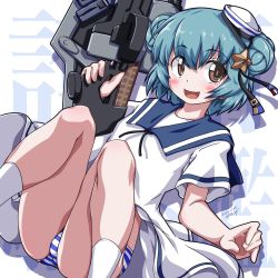 Rule 34 | 1girl, 547th sy, alternate costume, aqua hair, blue sailor collar, blush, brown footwear, commentary request, dated, dixie cup hat, double bun, dress, hair bun, hat, highres, holding, holding weapon, kantai collection, military hat, open mouth, panties, sailor collar, sailor dress, samuel b. roberts (kancolle), short hair, short sleeves, signature, socks, solo, striped clothes, striped panties, text background, underwear, weapon, white background, white dress, white socks