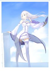 Rule 34 | 10s, 1girl, bare shoulders, bodice, border, braid, cleavage cutout, clothing cutout, cloud, coattails, crown braid, day, emilia (re:zero), eyebrows, frills, hand in own hair, highres, lamase (41), light smile, looking to the side, pointy ears, purple eyes, re:zero kara hajimeru isekai seikatsu, shoulder cutout, silver hair, skirt, sky, solo, standing, thighhighs, underbust, white border, white thighhighs, wide sleeves, wind, zettai ryouiki