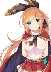 Rule 34 | 10s, 1girl, arms behind back, blush, breasts, cape, clarisse (granblue fantasy), granblue fantasy, green eyes, hairband, highres, koga rejini, long hair, looking at viewer, orange hair, ponytail, simple background, skirt, smile, solo, white background
