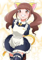 Rule 34 | alternate costume, animal ears, animal print, apron, black dress, black thighhighs, breasts, brown eyes, brown hair, dress, enmaided, fake animal ears, fake tail, frilled apron, frilled dress, frills, healin&#039; good precure, highres, hiramitsu hinata, looking at viewer, maid, maid apron, on kazu, open mouth, precure, puffy short sleeves, puffy sleeves, short sleeves, small breasts, smile, standing, standing on one leg, star (symbol), starry background, tail, thighhighs, tiger print, tiger tail, twintails, white apron, yellow background