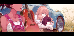 Rule 34 | 2girls, black legwear, blue eyes, brown hair, car, carole &amp; tuesday, carole stanley, cheese kang, collarbone, dark-skinned female, dark skin, dated, day, dress, earrings, freckles, guitar, hugging own legs, instrument, jewelry, letterboxed, lipstick, long hair, long sleeves, makeup, motor vehicle, multiple girls, open mouth, outdoors, overalls, pantyhose, short hair, signature, sleeveless, strapless, tube top, tuesday simmons, upper body