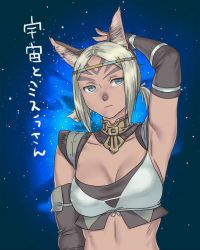 Rule 34 | 1girl, animal ear fluff, animal ears, arm at side, arm up, blonde hair, blue eyes, breasts, cat ears, cleavage, closed mouth, dark-skinned female, dark skin, elbow gloves, final fantasy, final fantasy xi, fingerless gloves, gloves, grey gloves, medium breasts, midriff, mithra (ff11), no eyebrows, parted bangs, short twintails, solo, translation request, twintails, upper body, yuccoshi