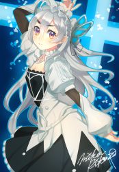 Rule 34 | 1girl, arm above head, black dress, blush, breasts, chaika trabant, cleavage, closed mouth, cowboy shot, dress, from side, grey hair, hair ornament, hand up, highres, hitsugi no chaika, juliet sleeves, long sleeves, looking at viewer, looking to the side, maid headdress, mika pikazo, multicolored eyes, puffy sleeves, purple eyes, signature, small breasts, smile, solo, yellow eyes