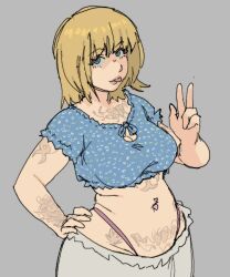 Rule 34 | 1girl, blonde hair, blue eyes, breasts, cleavage, cleavage cutout, clothing cutout, hand on own hip, large breasts, legs, looking at viewer, midriff, navel, navel piercing, pants, pantsu-ripper, piercing, rurutancos, short hair, smile, solo, stomach tattoo, tattoo, thighs, tongue, tongue out, v, whale tail (clothing)
