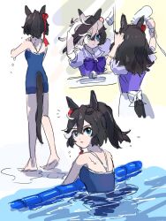 Rule 34 | animal ears, aona (gummy um), black hair, blue eyes, blue one-piece swimsuit, bow, bowtie, clothing cutout, competition school swimsuit, hair down, hair dryer, holding, holding hair dryer, horse ears, horse girl, katsuragi ace (umamusume), looking to the side, mirror, multicolored hair, multiple views, one-piece swimsuit, partially submerged, ponytail, pool, puffy short sleeves, puffy sleeves, purple bow, purple bowtie, purple serafuku, purple shirt, sailor collar, sailor shirt, school swimsuit, school uniform, serafuku, shirt, short sleeves, skirt, streaked hair, swimsuit, tail, tail through clothes, tracen school uniform, tracen swimsuit, umamusume, white skirt