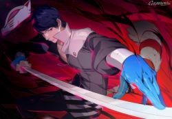 Rule 34 | 10s, 1boy, artist name, black pants, blue gloves, blue hair, fox mask, fox tail, gearous, gloves, hair between eyes, holding, holding sword, holding weapon, katana, kitagawa yuusuke, male focus, mask, pants, partially unzipped, persona, persona 5, purple eyes, short hair, solo, sword, tail, weapon