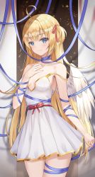 Rule 34 | 1girl, :3, absurdres, ahoge, angel, angel wings, bare shoulders, blonde hair, blue eyes, blue ribbon, blush, bow, breasts, breasts apart, closed mouth, collarbone, commentary, cowboy shot, dress, english commentary, hair ribbon, hand on own chest, highres, looking at viewer, medium breasts, one side up, original, pleated dress, plunging neckline, red bow, red ribbon, ribbon, shadow, short dress, shuvi (shuvi1125), sleeveless, sleeveless dress, smile, solo, strap slip, tsurime, white dress, wings