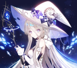 Rule 34 | 1girl, animal, bare shoulders, bird, blue gemstone, bow, breasts, brown hair, closed mouth, commentary request, detached sleeves, dress, from side, gem, hair between eyes, hat, hat bow, highres, holding, holding staff, juexing (moemoe3345), long hair, long sleeves, looking at viewer, looking to the side, medium breasts, nautilus (animal), original, purple bow, purple eyes, sleeveless, sleeveless dress, solo, staff, upper body, very long hair, white dress, white hat, white sleeves
