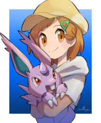 Rule 34 | 1girl, absurdres, blush, border, brown eyes, brown hair, closed mouth, commentary request, creatures (company), eyelashes, game freak, gen 1 pokemon, hair ornament, hairclip, hat, highres, holding, holding pokemon, hood, hood down, nidoran, nidoran (male), nintendo, nullma, outside border, pokemon, pokemon (anime), pokemon (creature), poketoon, short hair, short sleeves, signature, smile, blossom (pokemon), white border, yellow headwear