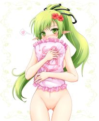 Rule 34 | 1girl, black ribbon, c-rabbit, cowboy shot, elsword, flower, frilled pillow, frills, green eyes, green hair, hair flower, hair ornament, hair ribbon, heart, heart-shaped pupils, hibiscus, long hair, looking at viewer, matching hair/eyes, no panties, nude, pillow, pointy ears, ponytail, pussy, rena erindel, ribbon, solo, spoken heart, symbol-shaped pupils, uncensored, wind sneaker (elsword), yes, yes-no pillow