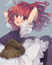 Rule 34 | 1girl, :o, arms behind head, arms up, blue background, blush, dress, hair bobbles, hair ornament, hands in hair, highres, layered dress, looking at viewer, obi, onozuka komachi, open mouth, puffy sleeves, red eyes, red hair, sash, short sleeves, simple background, solo, ^^^, touhou, twintails, two side up, usamata