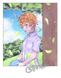Rule 34 | 1girl, absurdres, ball, emma (yakusoku no neverland), green eyes, highres, holding, holding ball, neck tattoo, number tattoo, open mouth, orange hair, shirt, short hair, short sleeves, smile, tattoo, tp82n1r, tree, under tree, white shirt, yakusoku no neverland