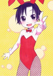 Rule 34 | 1girl, animal ears, black hair, bow, bowtie, contrapposto, detached collar, fishnet pantyhose, fishnets, flat chest, foreshortening, leotard, original, pantyhose, playboy bunny, polka dot, polka dot background, rabbit ears, red leotard, short hair, smile, solo, tommy region, wrist cuffs, yellow background