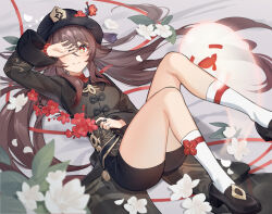 Rule 34 | 1girl, black hat, boo tao (genshin impact), brown hair, chibi vanille, closed eyes, covering one eye, covering own eyes, drooling, flower, full moon, genshin impact, hand on own face, hat, hu tao (genshin impact), legs, long sleeves, lying, moon, on back, open mouth, porkpie hat, red eyes, shorts, smile, symbol-shaped pupils, thighs, twintails