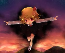 Rule 34 | 1girl, ankle socks, bad id, bad pixiv id, blonde hair, darkness, fang, flying, hair ribbon, leaning forward, long sleeves, looking at viewer, mary janes, mountain, open mouth, outstretched arms, ribbon, rumia, shoes, short hair, skirt, skirt set, sky, socks, solo, spread arms, star (sky), starry sky, sunset, touhou, yamoto (jai-san24 11)
