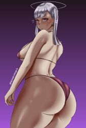 Rule 34 | 1girl, absurdres, ass, black clover, blush, bra, breasts, grey hair, highres, huge ass, iris art, large breasts, looking at viewer, noelle silva, panties, purple eyes, simple background, thick thighs, thighs, thong, twintails, underwear