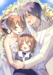 Rule 34 | 00s, 1boy, 2girls, :d, ^ ^, ahoge, antenna hair, bare shoulders, blue hair, blush, brown hair, child, clannad, collar, dress, closed eyes, family, father and daughter, flower, formal, furukawa nagisa, happy, high ponytail, hug, husband and wife, jewelry, long sleeves, mother and daughter, multiple girls, necktie, okazaki tomoya, okazaki ushio, open mouth, ponytail, shironboako, short hair, sleeveless, sleeveless dress, smile, strapless, strapless dress, teeth