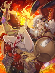 Rule 34 | 1girl, arm up, blonde hair, breasts, brown eyes, commentary request, crossed ankles, dress, facial mark, fate/grand order, fate (series), fingernails, fire, forehead mark, gourd, grin, hayanpool, highres, horns, ibaraki douji (fate), japanese clothes, kimono, long fingernails, long hair, long sleeves, long toenails, looking at viewer, medium breasts, off shoulder, oni, oni horns, smile, soles, solo, strapless, strapless dress, toenails, very long hair, white dress, wide sleeves, yellow kimono