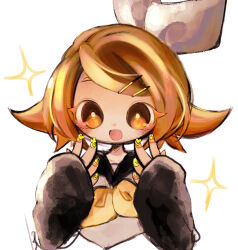 Rule 34 | 13 31n, 1girl, black sailor collar, blonde hair, blush, bow, colored eyelashes, commentary request, cropped torso, flipped hair, grey shirt, hair bow, hair ornament, hairclip, hands up, highres, kagamine rin, looking at viewer, nail art, neckerchief, open mouth, orange eyes, orange nails, raised eyebrows, sailor collar, shirt, short eyebrows, short hair, sleeves past wrists, smile, solo, sparkle, straight-on, swept bangs, vocaloid, white background, white bow, yellow neckerchief