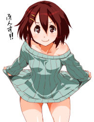 Rule 34 | 1girl, bare shoulders, bottomless, brown hair, check translation, clothes lift, collarbone, hair ornament, hairclip, hirasawa yui, k-on!, looking at viewer, naked sweater, off shoulder, ribbed sweater, shinama, shirt lift, short hair, simple background, smile, solo, sweater, translated, translation request, turtleneck, white background