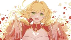Rule 34 | 1girl, :d, ahoge, blonde hair, blush, breasts, cleavage, crying, crying with eyes open, fangs, fate/grand order, fate (series), floating hair, fringe trim, green eyes, hair between eyes, hair intakes, head tilt, highres, jacket, large breasts, long hair, looking at viewer, nero claudius (fate), nero claudius (fate) (all), open hands, open mouth, outstretched arms, reaching, reaching towards viewer, red jacket, shirt, shoulder boards, shrug (clothing), simple background, smile, solo, straight-on, straight hair, sunfish3939, tears, upper body, white background, white shirt