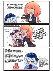 Rule 34 | 1boy, 2girls, animal ears, arknights, artist self-insert, beret, blue hair, cat ears, cat tail, commentary, english commentary, english text, goldenglow (arknights), hair ribbon, hairband, hat, highres, jacket, kurotofu, mizuki (arknights), multiple girls, open mouth, orange hair, pink hair, red eyes, ribbon, smile, tail, yellow eyes