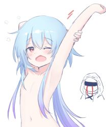 Rule 34 | 1boy, 1other, ambiguous gender, arknights, arm up, armpits, blood, blue hair, blush, collarbone, commentary, doctor (arknights), flat chest, gradient hair, highres, long hair, male focus, mizuki (arknights), multicolored hair, navel, nosebleed, one eye closed, open mouth, purple hair, red eyes, rinzy, sidelocks, simple background, solo focus, stretching, topless male, trap, upper body, wavy mouth, white background